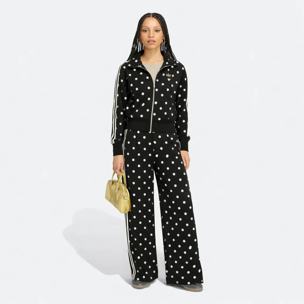 Black polka dots satin track set for women, full outfit shot